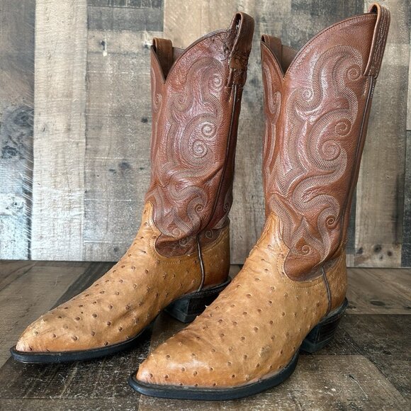 Tony Lama Vintage Full Quill Ostrich Cowboy Boots Mens 8 D - Picture 1 of 12